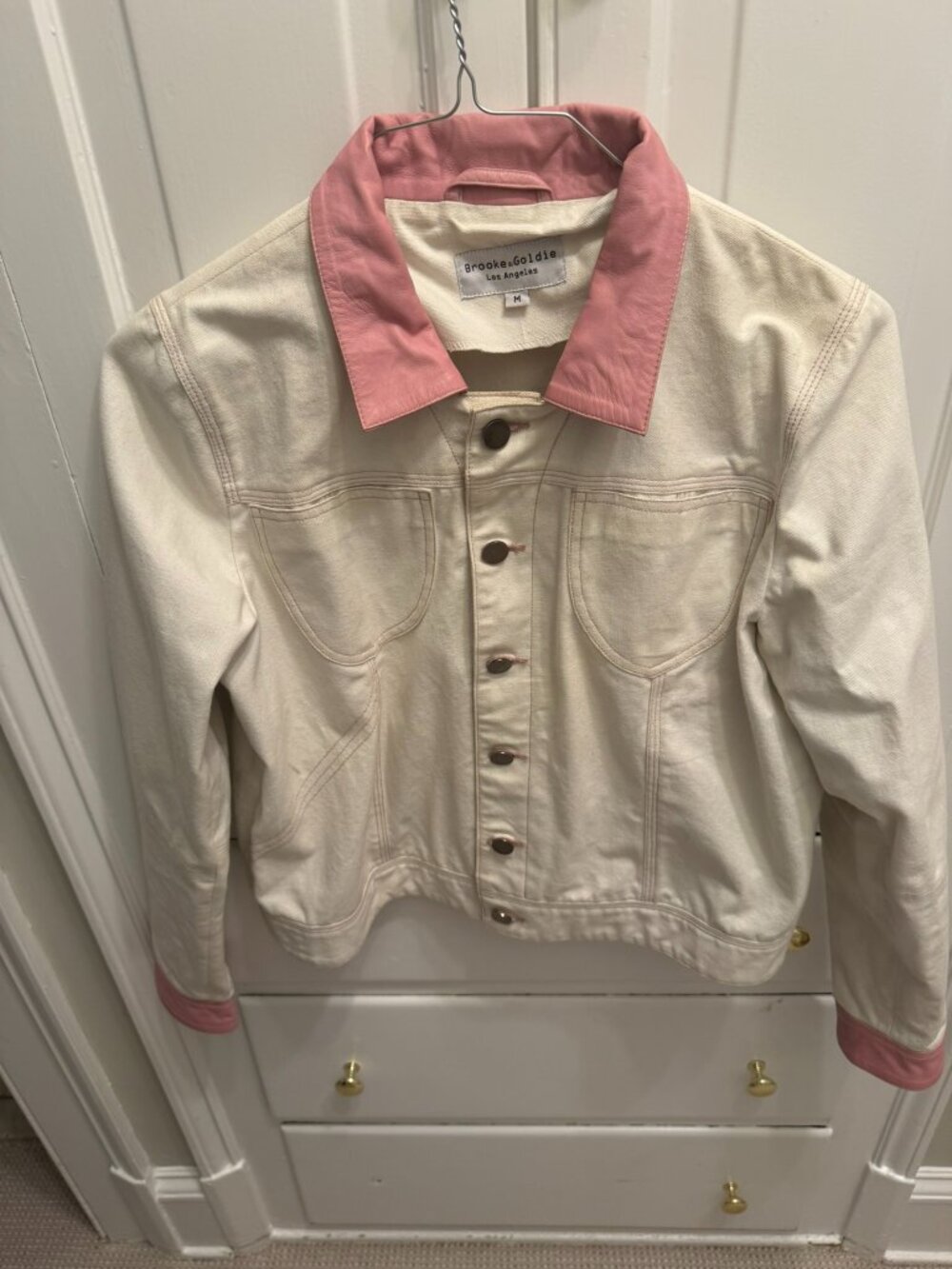 Brooke and Goldie women's canvas jean jacket with pink leather collar and cuffs